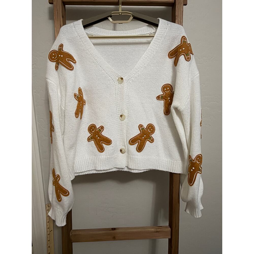 Women's white Long-Sleeve Cardigan Sweater with gingerbread men. - Picture 2 of 4